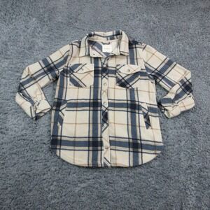 Thread & Supply Jacket Womens Large Beige Navy Plaid Fleece Button Shacket Lined